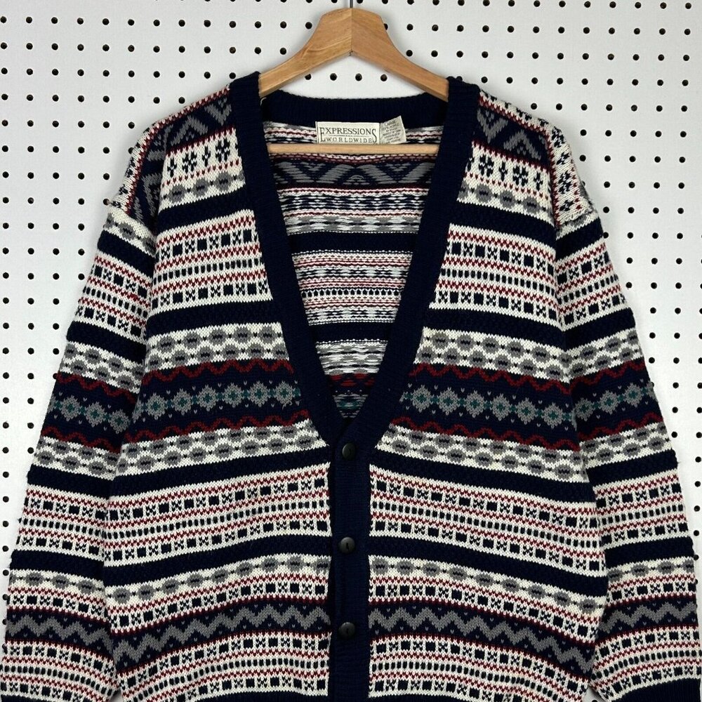 Expressions Northern Isle Cardigan Knit Sweater Large Blue‎ Red Cream Cosby 90s - Picture 2 of 6